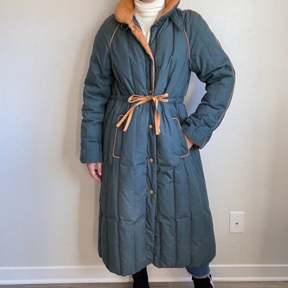 Vintage 80s Womens Puffer Quilted Goose Down Olive Green Parka Trench Coat Sz M